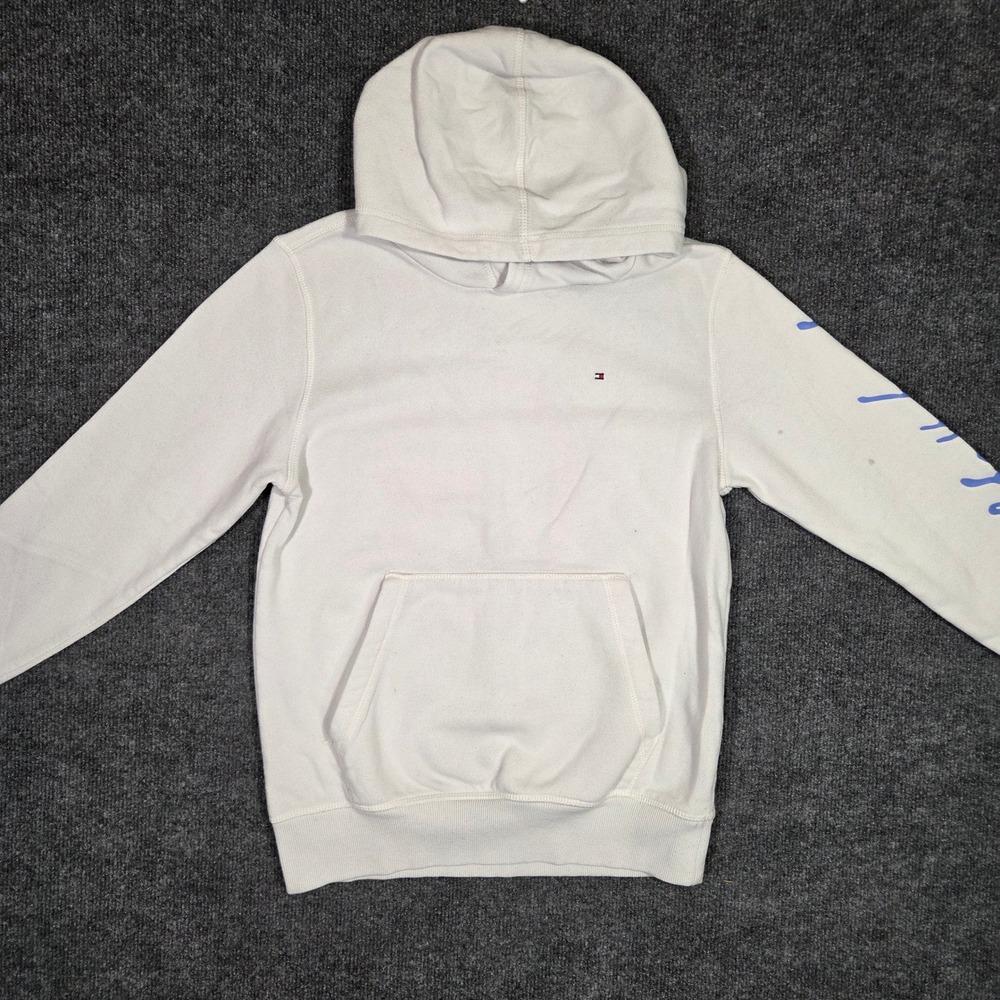 Tommy Hilfiger Hoodie White Pullover Sweatshirt Blue Sleeve Graphic Logo Mens S